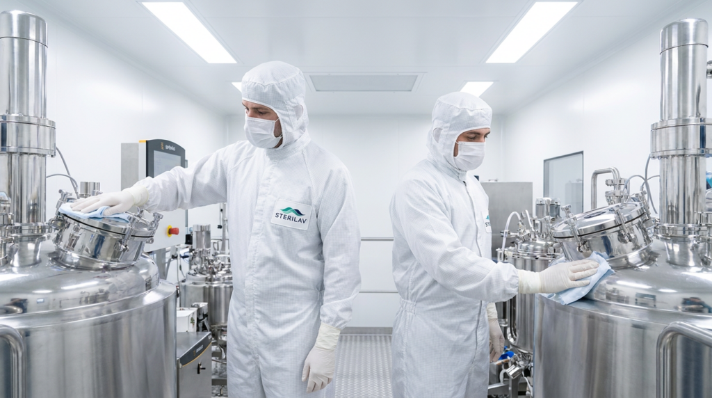 002 two men in sterile white suits and face masks 5xg01jqp